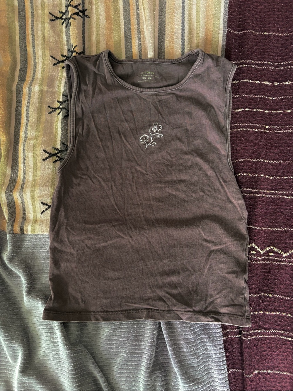 Cotton On Brown Sleeveless Tank with Embroidered Floral Motif